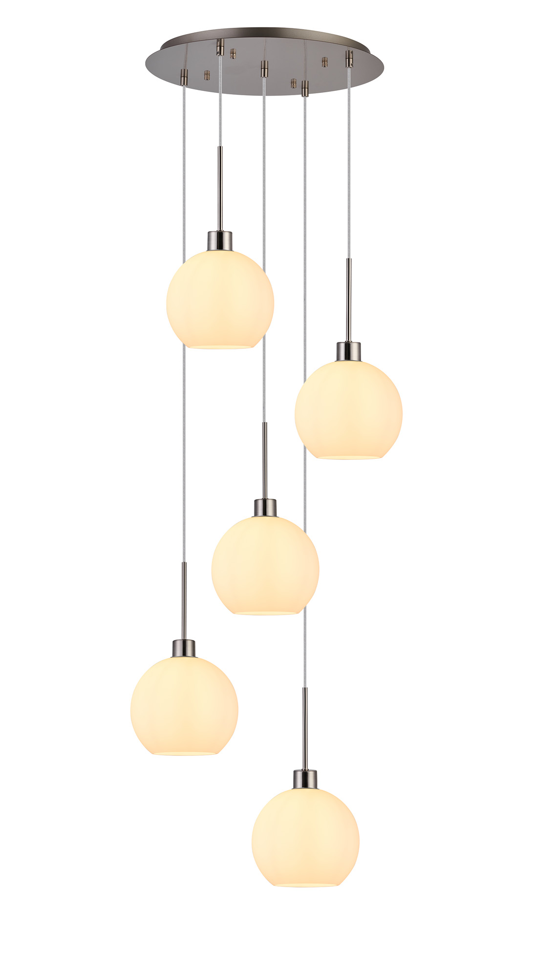DK1381  Lori 45cm Round Pendant, 5 Light Adjustable E27, Satin Nickel/Opal Open Mouth Round Globe Shades